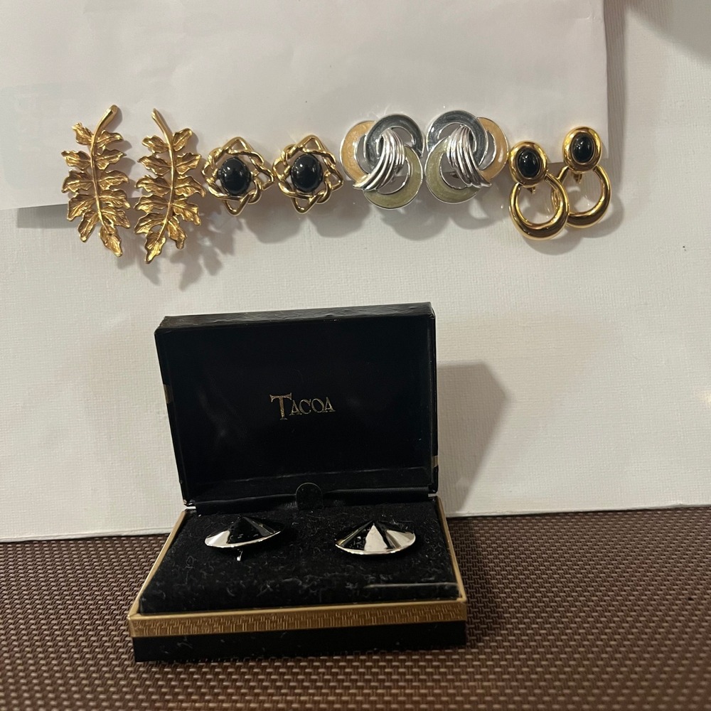 Vintage Clip On Earrings Lot 5 Pair Black Gold Silver Modernist Statement